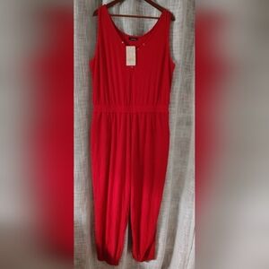 🌹NWT Red Ribbed Sleeveless Jumpsuit Elastic Waist And Ankles w/Snap Accents 2XL